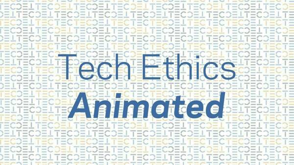 the words Tech Ethics Animated in blue over a background of small TEC acronyms repeating over and over again in gold, blue, and black