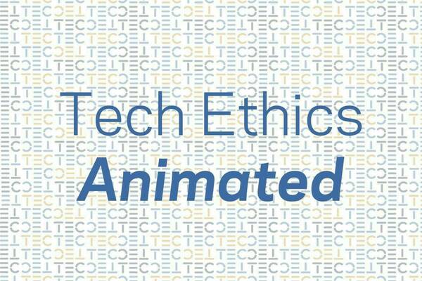 the words Tech Ethics Animated in blue over a background of small TEC acronyms repeating over and over again in gold, blue, and black