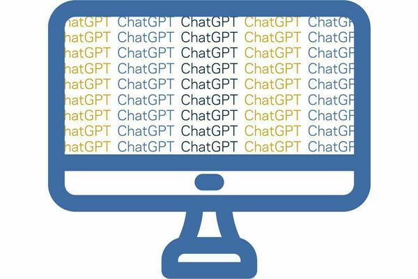 a graphic of a computer screen with the words ChatGPT repeating over and over again in gold, light blue, and dark blue