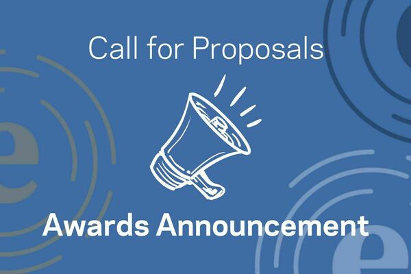 the words "Call for Proposals" above an image of a megaphone and then the words "Awards Announcement," with the Lab's circular logo in three spots in the background