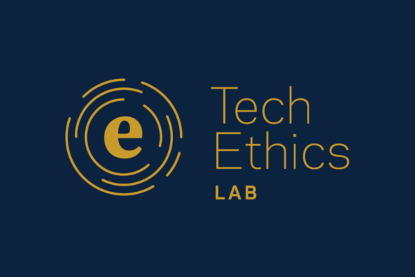 Tech Ethics Lab logo in gold on a blue background, with a lower case "e" surrounded by concentric arcs forming circles