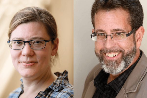 Headshot portraits of two individuals. A woman with light brown hair, wearing glasses and a blue plaid shirt, is on the left.  A man with a salt-and-pepper beard, wearing glasses and a tan jacket, smiles on the right.