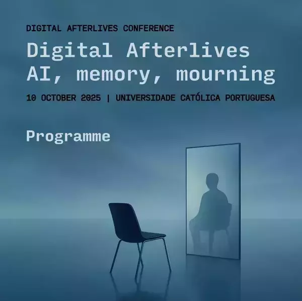 A black chair faces a tall, rectangular mirror showing the dark silhouette of a seated person, against a blue-grey gradient background. The conference title 'Digital Afterlives AI, memory, mourning' is displayed above.
