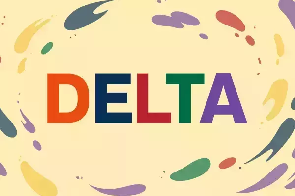 The word DELTA in orange, blue, red, green, and purple block letters, surrounded by colorful splatters on a yellow background.