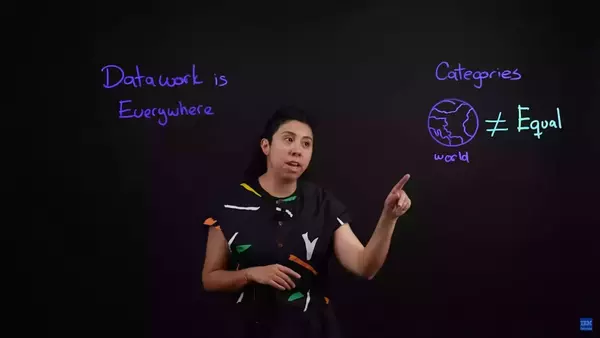 A woman in a patterned shirt points to a black board. Purple text on the left reads "Data work is Everywhere". On the right, "Categories", a purple outline globe labeled "world", and green "≠ Equal".