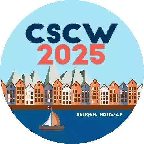 CSCW 2025 logo: Light blue sky, dark blue text "CSCW" and red "2025" above a colorful row of Bergen houses, gray mountains, and dark blue water with a sailboat.