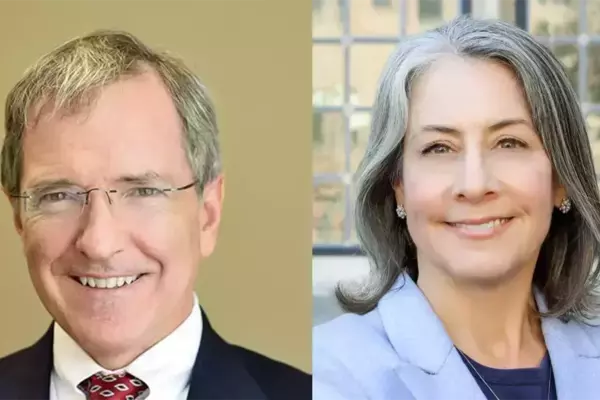 On left, a headshot of a smiling man in a dark suit; on right, a headshot of a smiling woman in blue suit