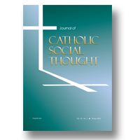 Cover for the Journal of Catholic Social Thought, teal gradient with white cross.