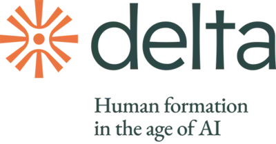 Graphic design of interlocking orange shapes with dark green 'delta' text