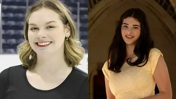 A split image of two smiling young women. One has wavy blonde hair in a black top, the other dark hair in a yellow dress.