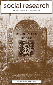 Tombstone with "DISRUPTING DEATH" and QR code, sepia toned.